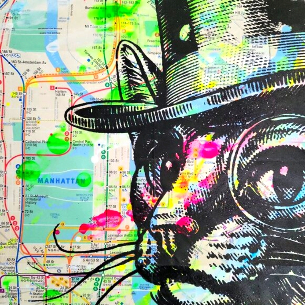 Handpainted Aristocat in the City Acrylic CAT Artwork on a NYC Subway Map - Picture 3 of 6